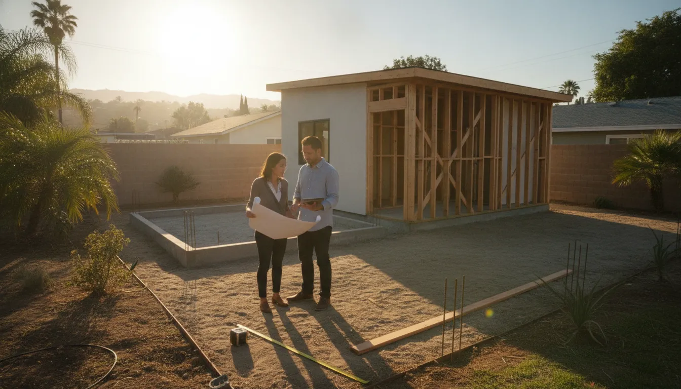 Homeowner and designer reviewing an ADU permit Los Angeles site
