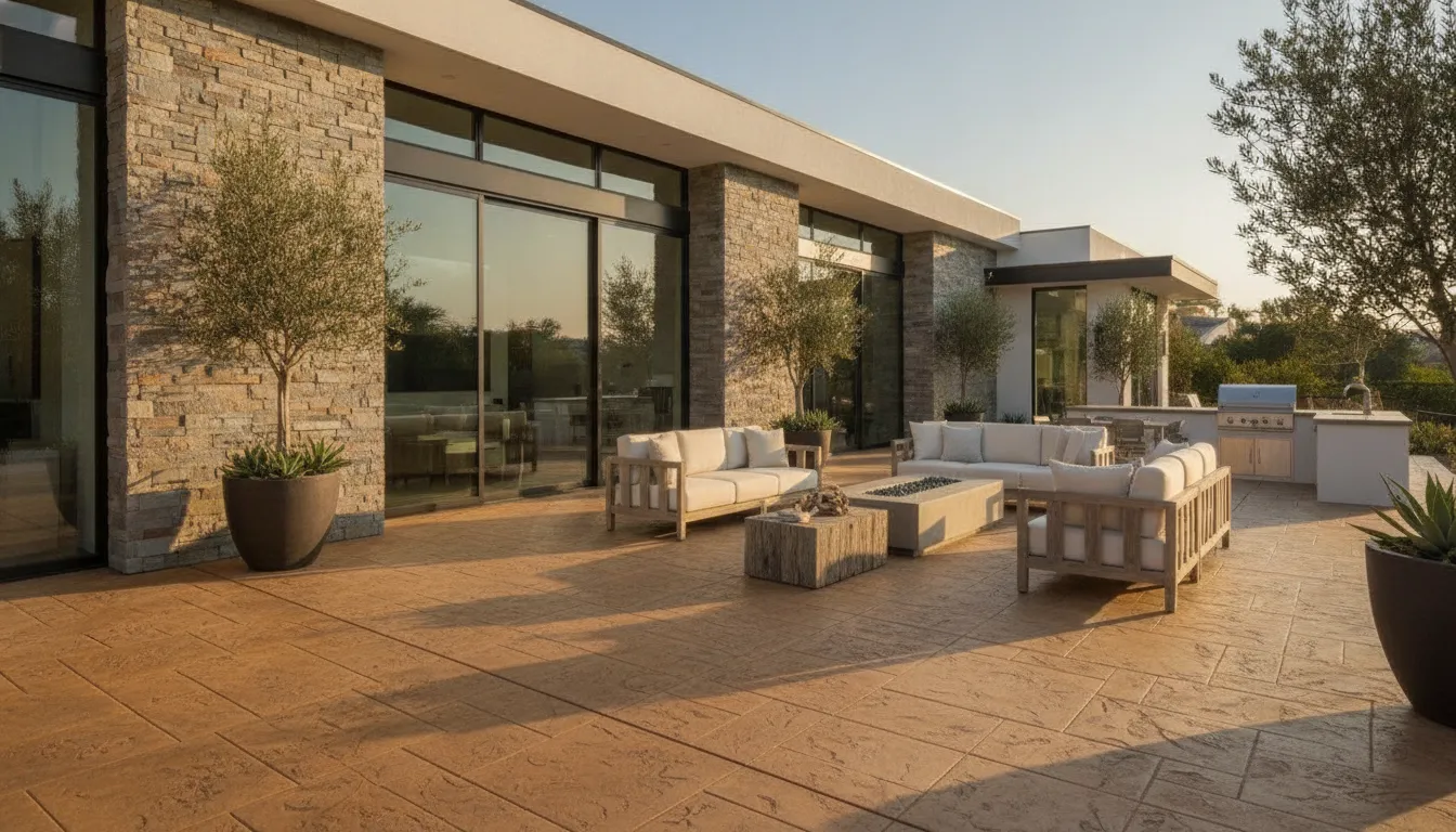 Finished stamped concrete patio in warm integral color beside a modern Los Angeles home