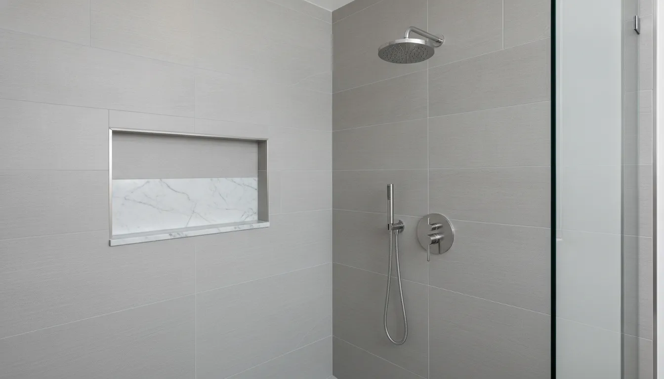Custom tile walk-in shower interior in a Los Angeles bathroom remodel with built-in niche