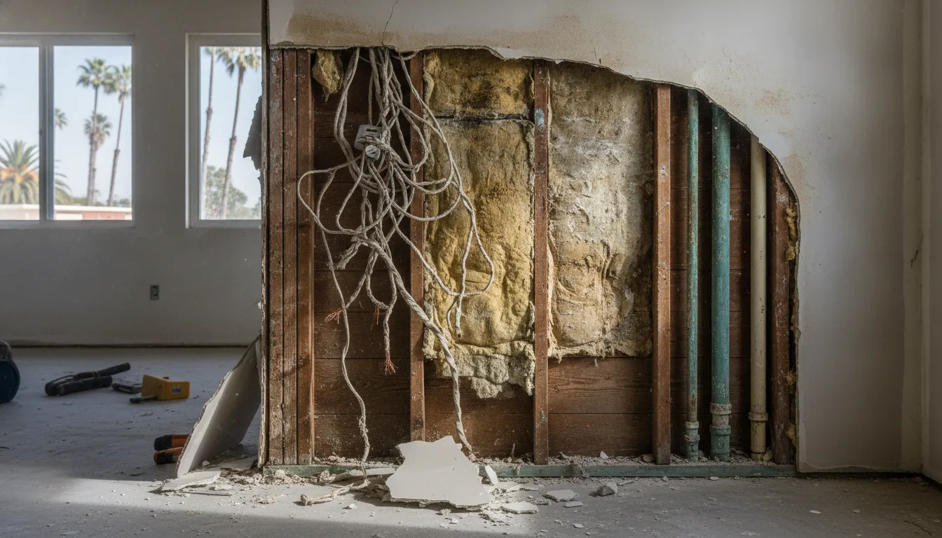 Hidden wall damage with exposed wiring and water damage behind drywall during a Los Angeles home renovation