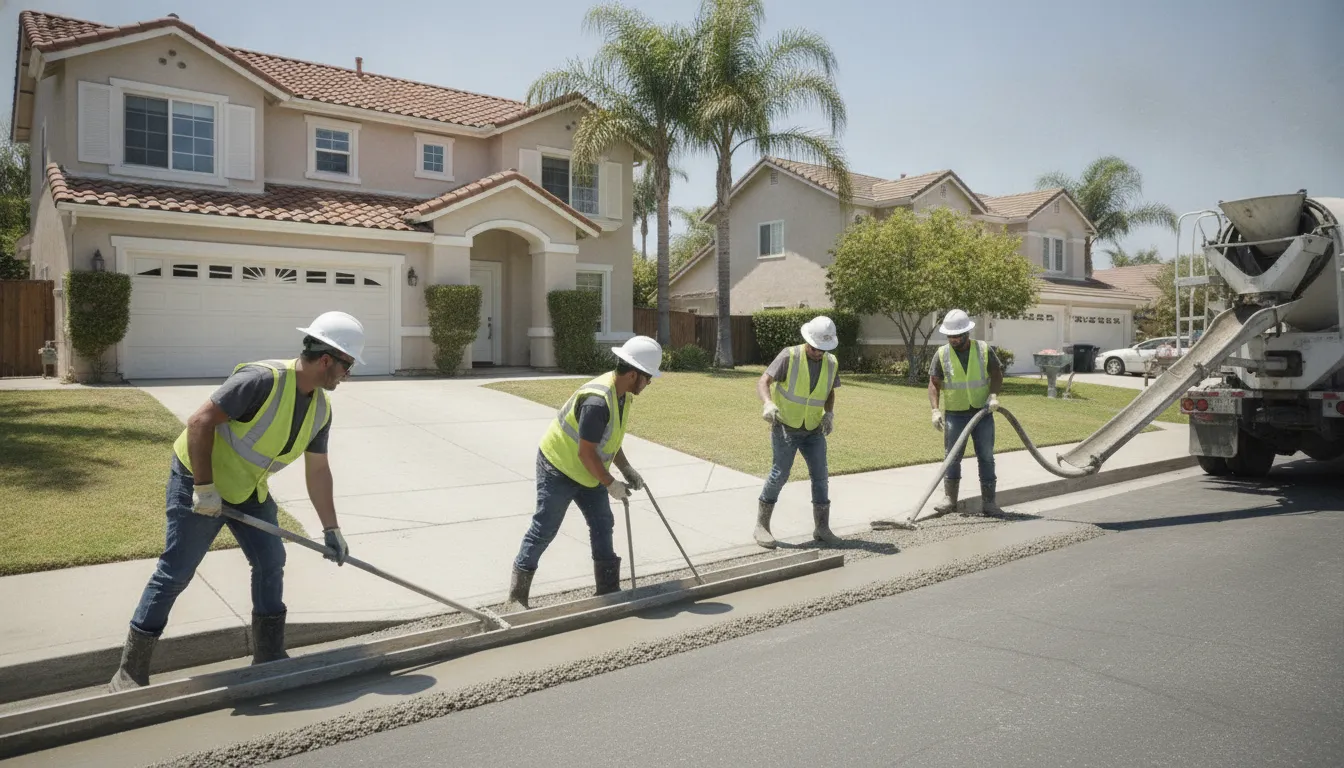LevelWorks crew finishing a freshly poured concrete driveway on a Los Angeles home