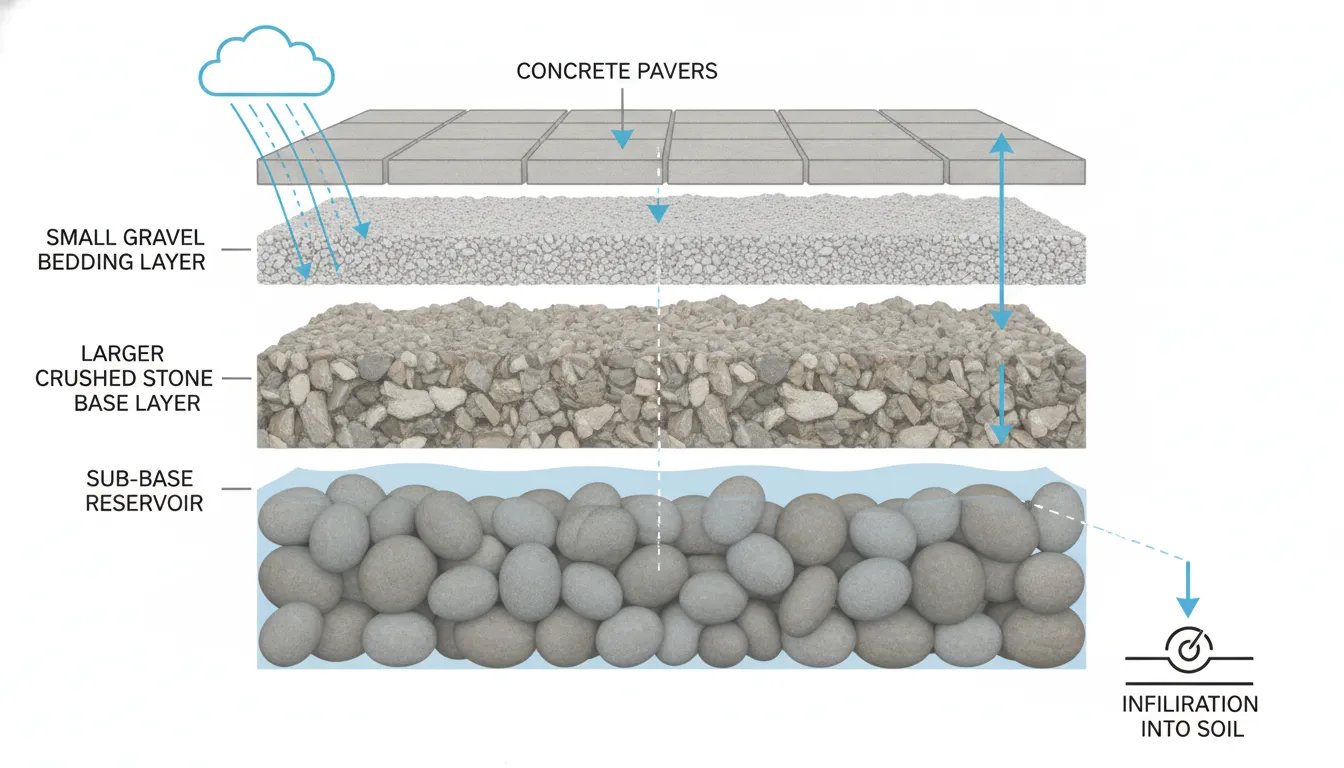 Cross-section diagram showing permeable paver layers with water filtration path through gravel base and sub-base reservoir