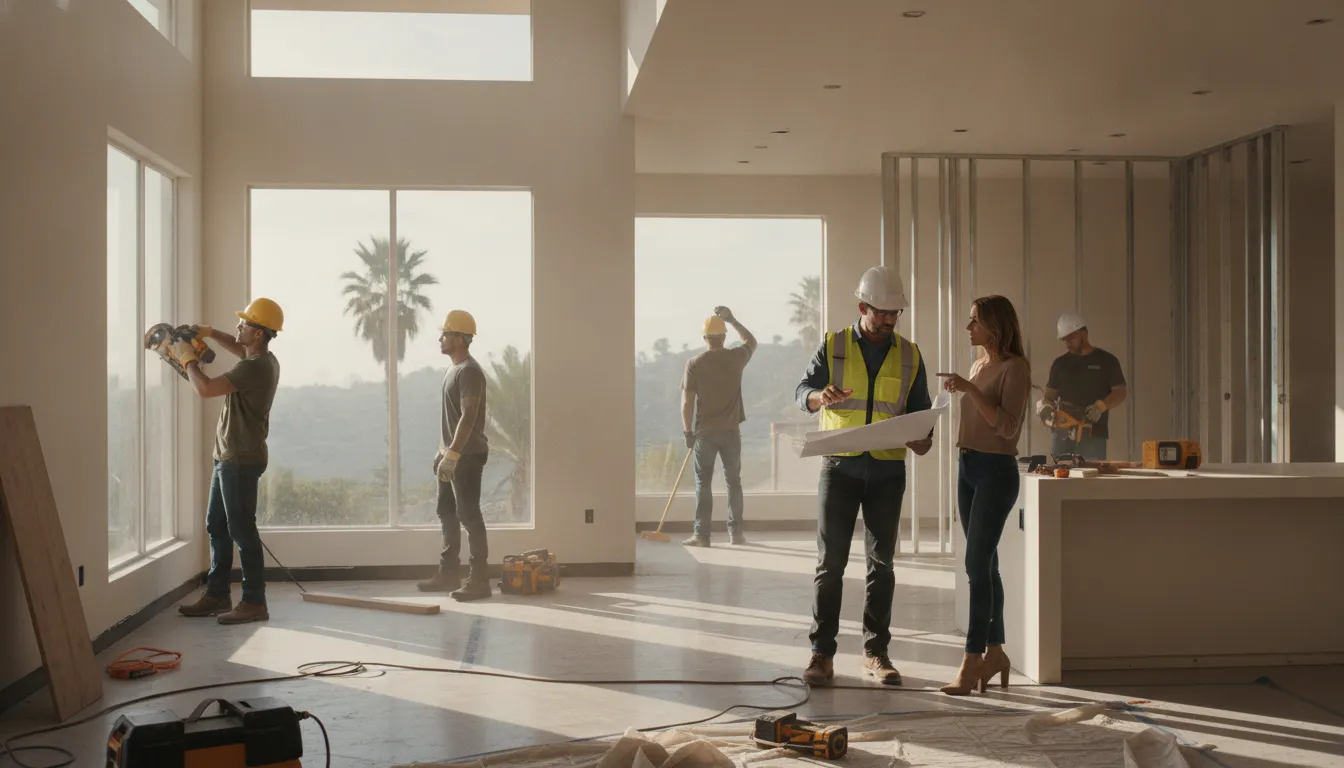 Construction crew working on an active home renovation with the homeowner on site in Los Angeles