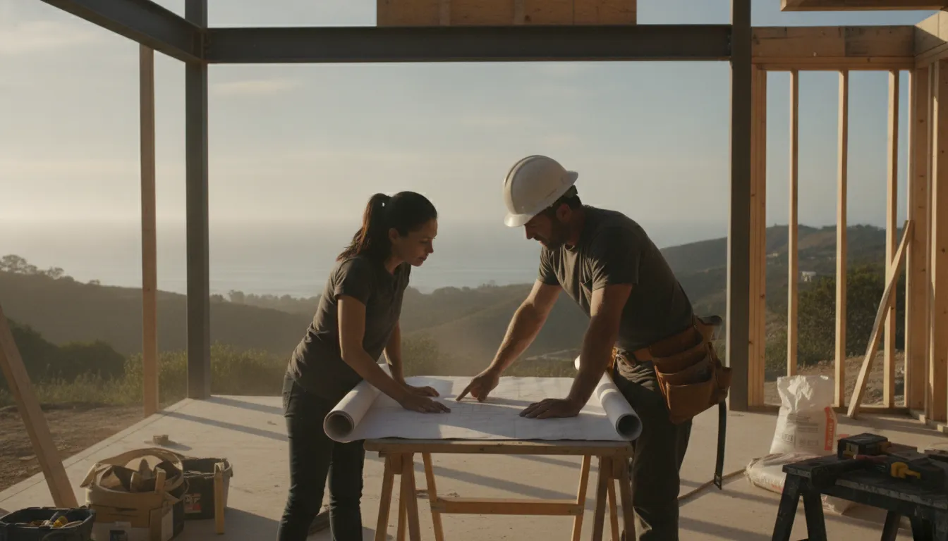 Architect and contractor reviewing blueprints together at a home remodel construction site