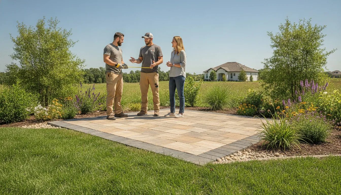 Homeowner reviewing a paver project plan with a construction professional