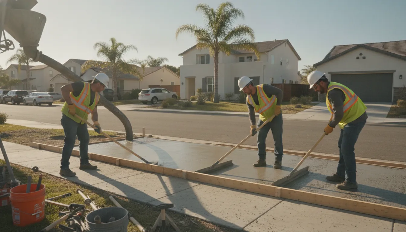 Contractor finishing a clean concrete sidewalk beside a Los Angeles home