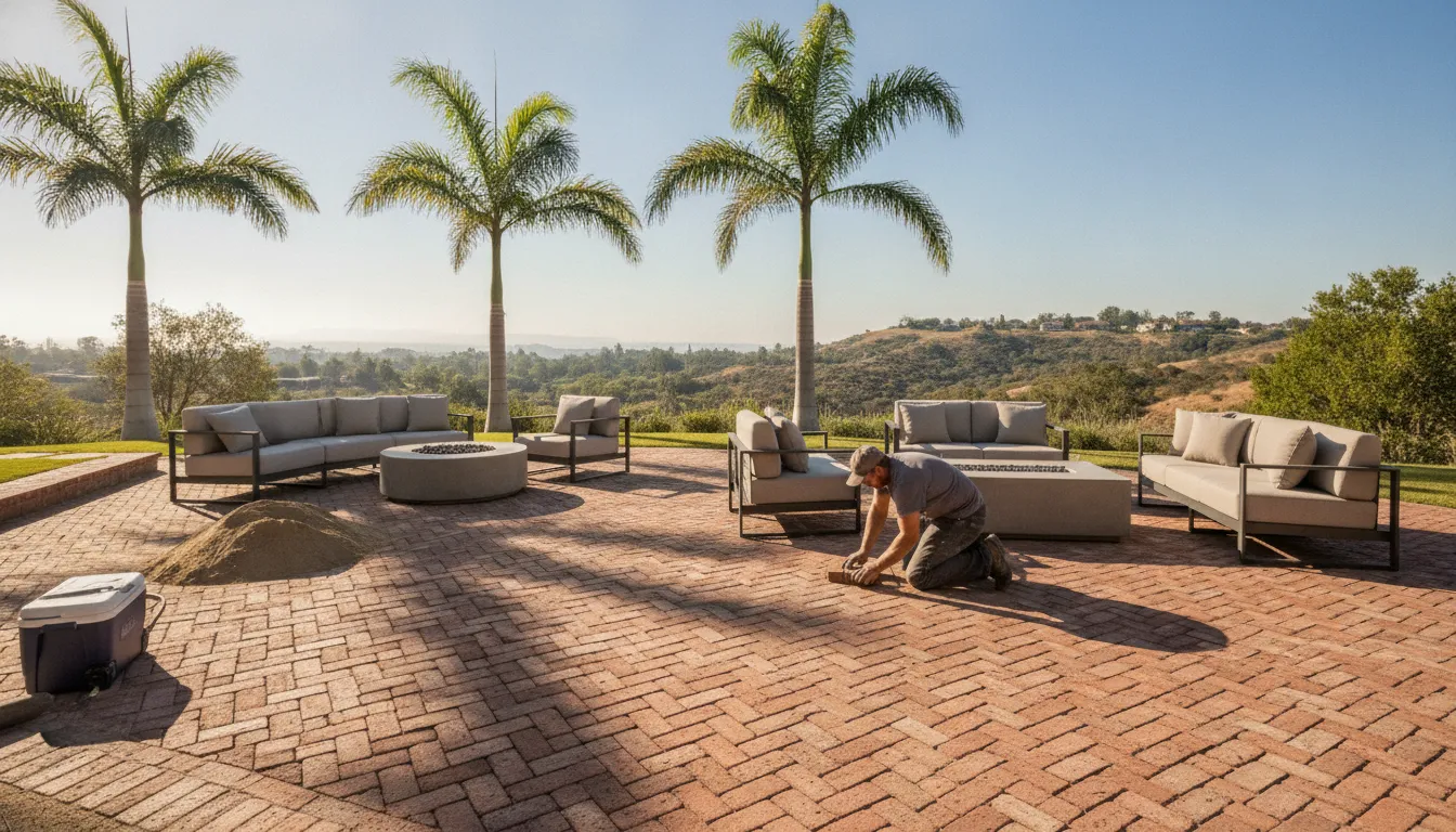 Brick paver patio with running bond and herringbone pattern accents around an outdoor seating area