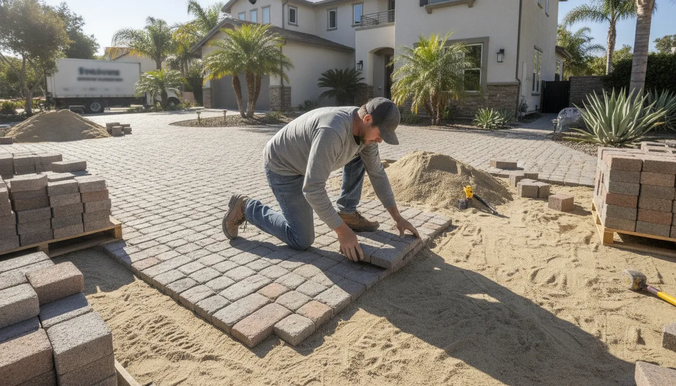 Contractor installing interlocking Angelus paver driveway stones
