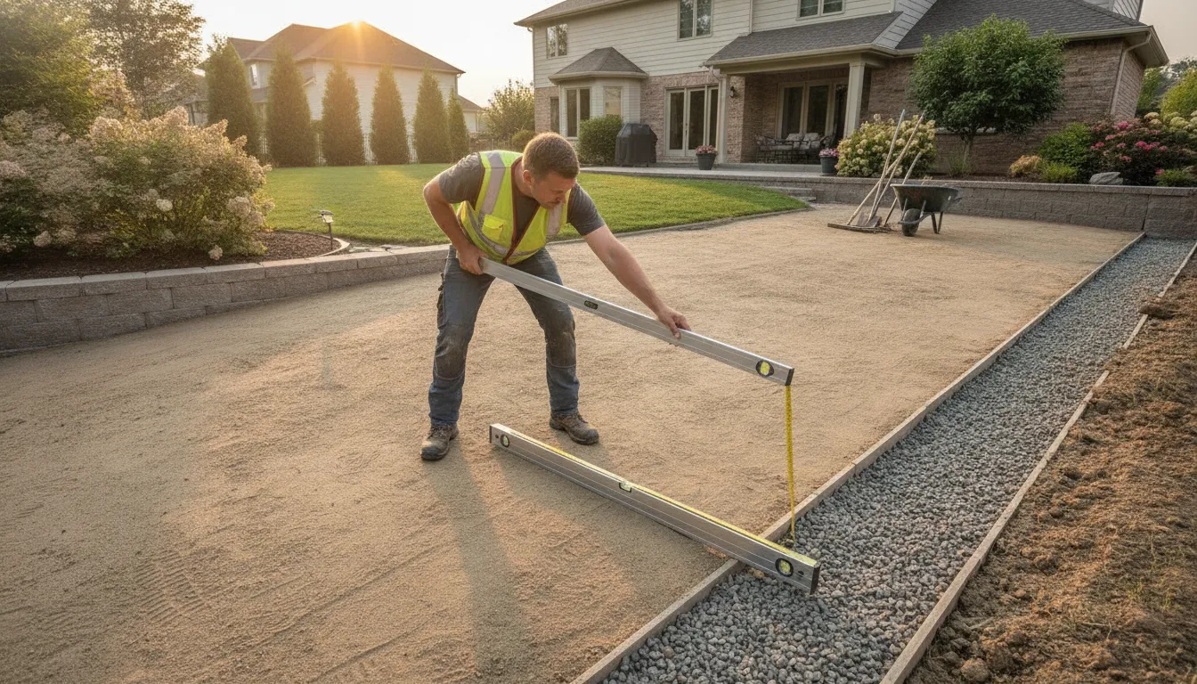 Contractor checking the graded slope of a prepared paver installation area