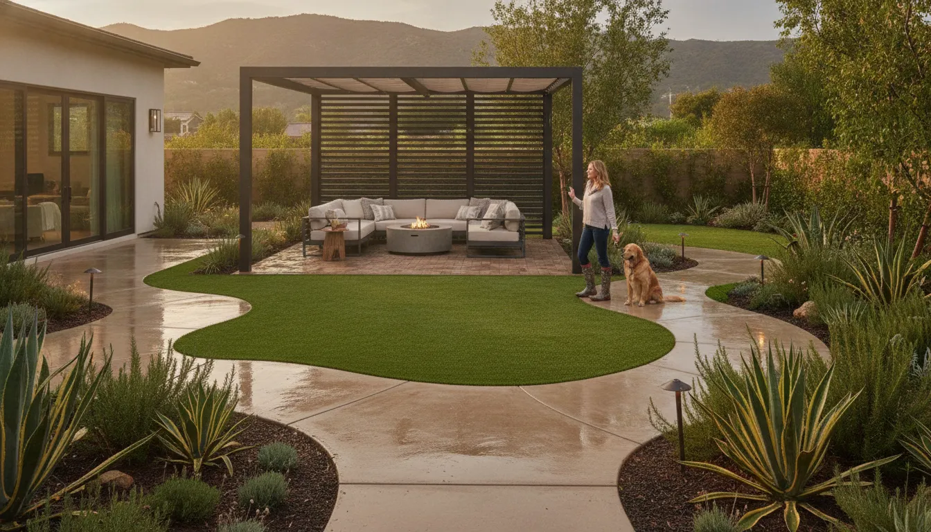 Southern California backyard with pavers, pergola, artificial turf, planting, and outdoor lighting