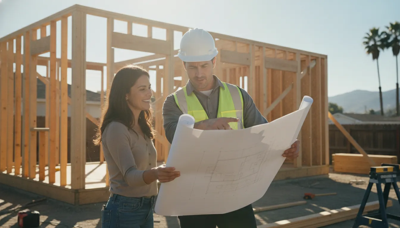 Licensed ADU contractor and homeowner reviewing blueprints beside a new Los Angeles accessory dwelling unit build