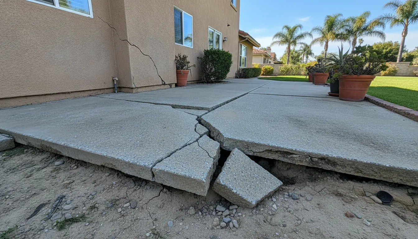 Close up of cracked concrete patio slab showing structural damage from soil movement