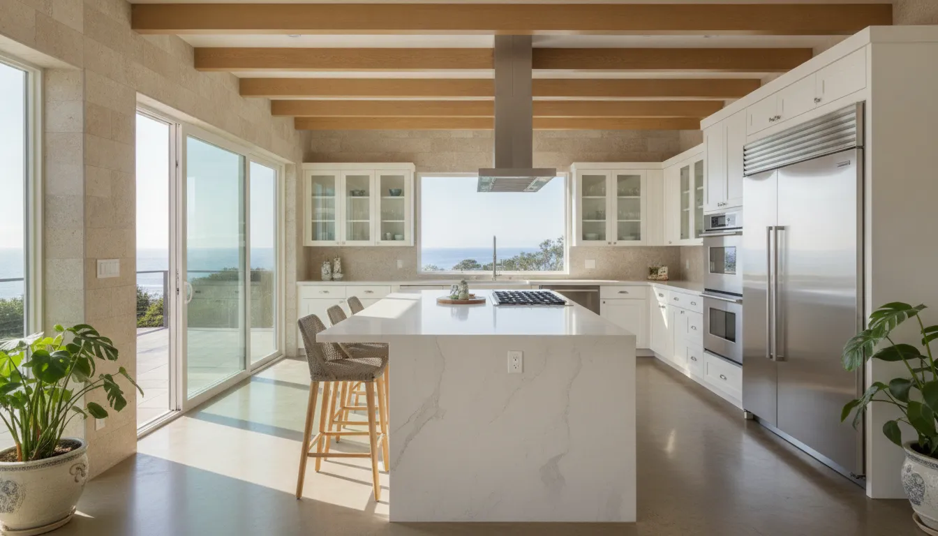 Open-concept kitchen island with quartz surfaces and stainless appliances in a Santa Monica kitchen remodel