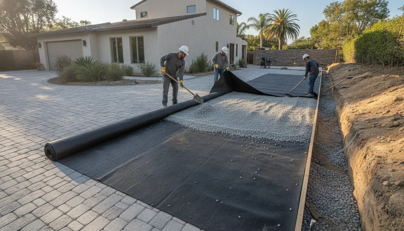 Crew laying geotextile filter fabric over a prepared gravel base for a paver driveway in Los Angeles