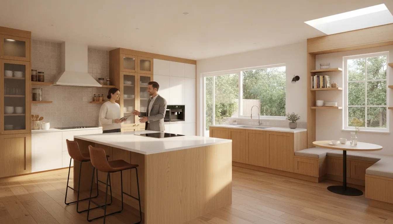 Modern kitchen with organized cabinetry and storage zones for prep, cooking, pantry, cleaning, and family use