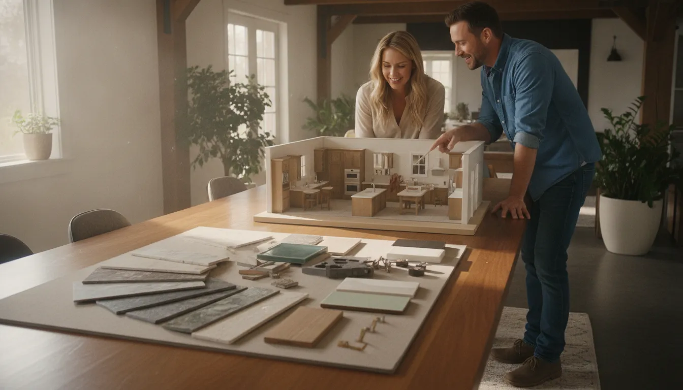 Designer sharing cabinet, tile, and stone samples for a cohesive kitchen and bathroom remodel