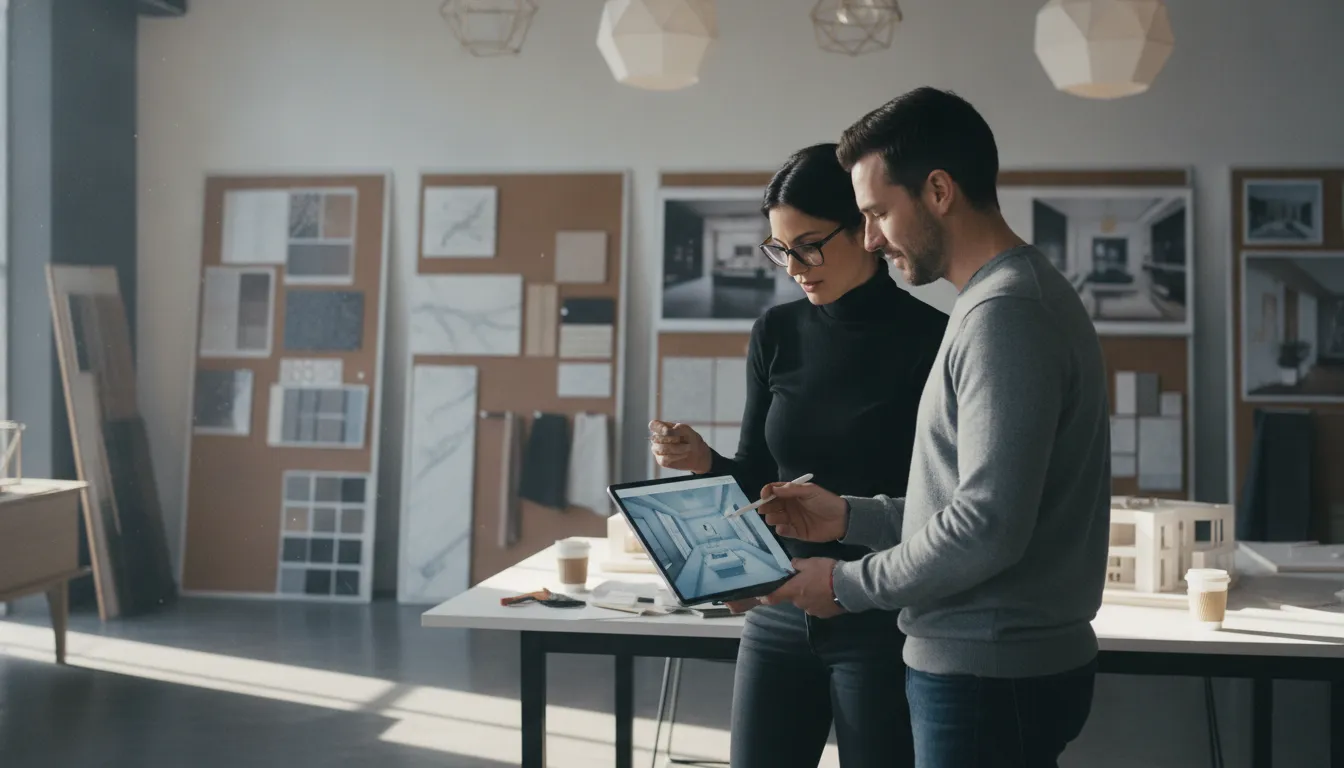 A designer and homeowner reviewing a 3D bathroom layout together at a modern design studio