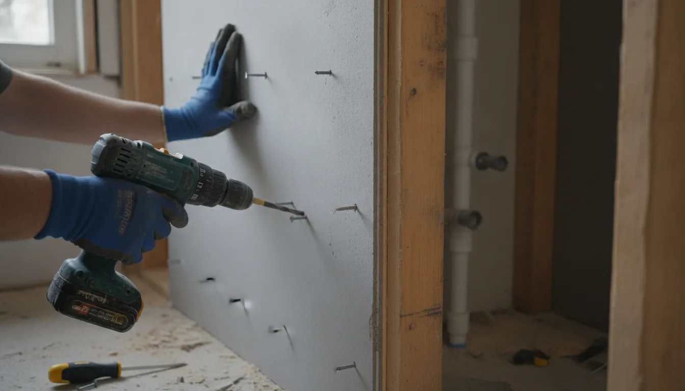 Contractor installing waterproof cement backer board in a bathroom shower alcove