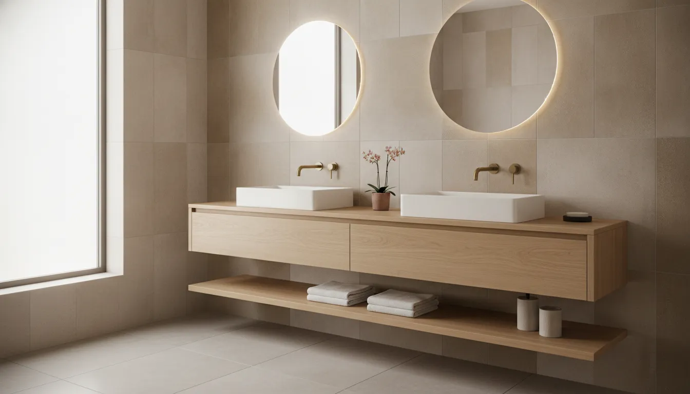 Modern custom bathroom vanity with double sinks and warm neutral tile for a custom bathroom remodel in Los Angeles