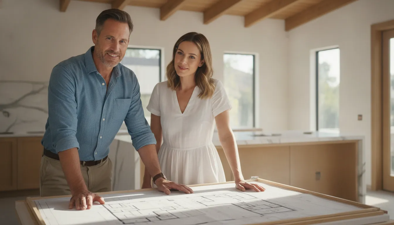 Contractor and homeowner reviewing remodel plans in a bright Los Angeles home