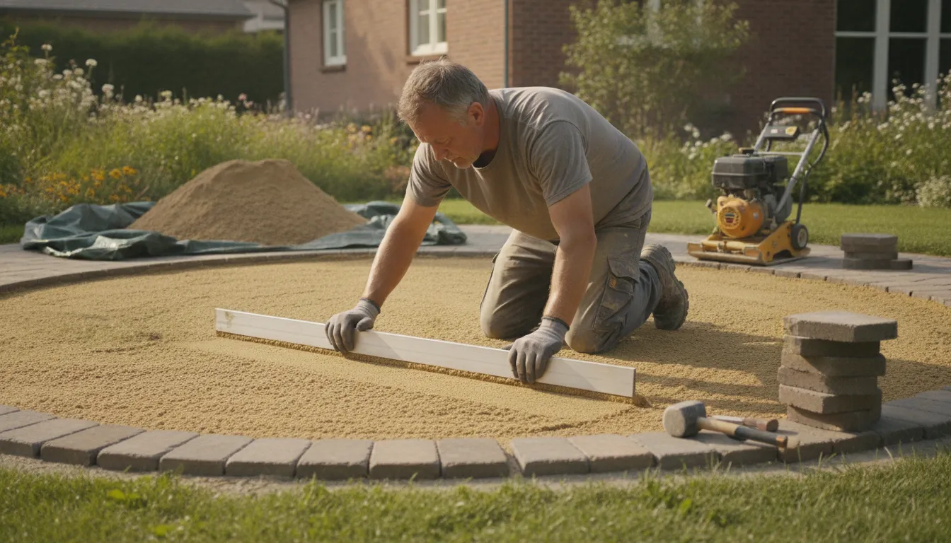Homeowner reviewing paver installation workmanship with a contractor