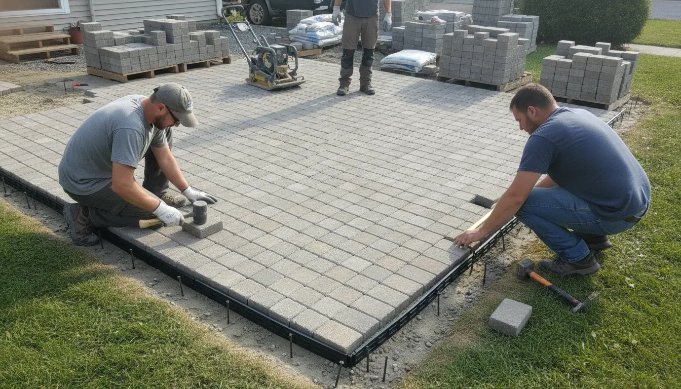 Crew carefully installing pavers with compacted base and edge restraints