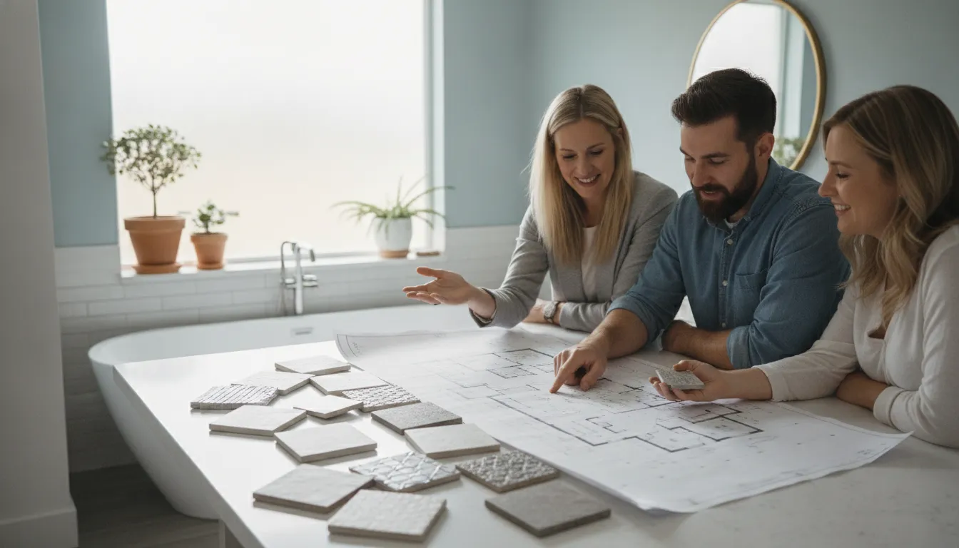 Homeowners and a design-build contractor reviewing bathroom tile and floor plan samples together