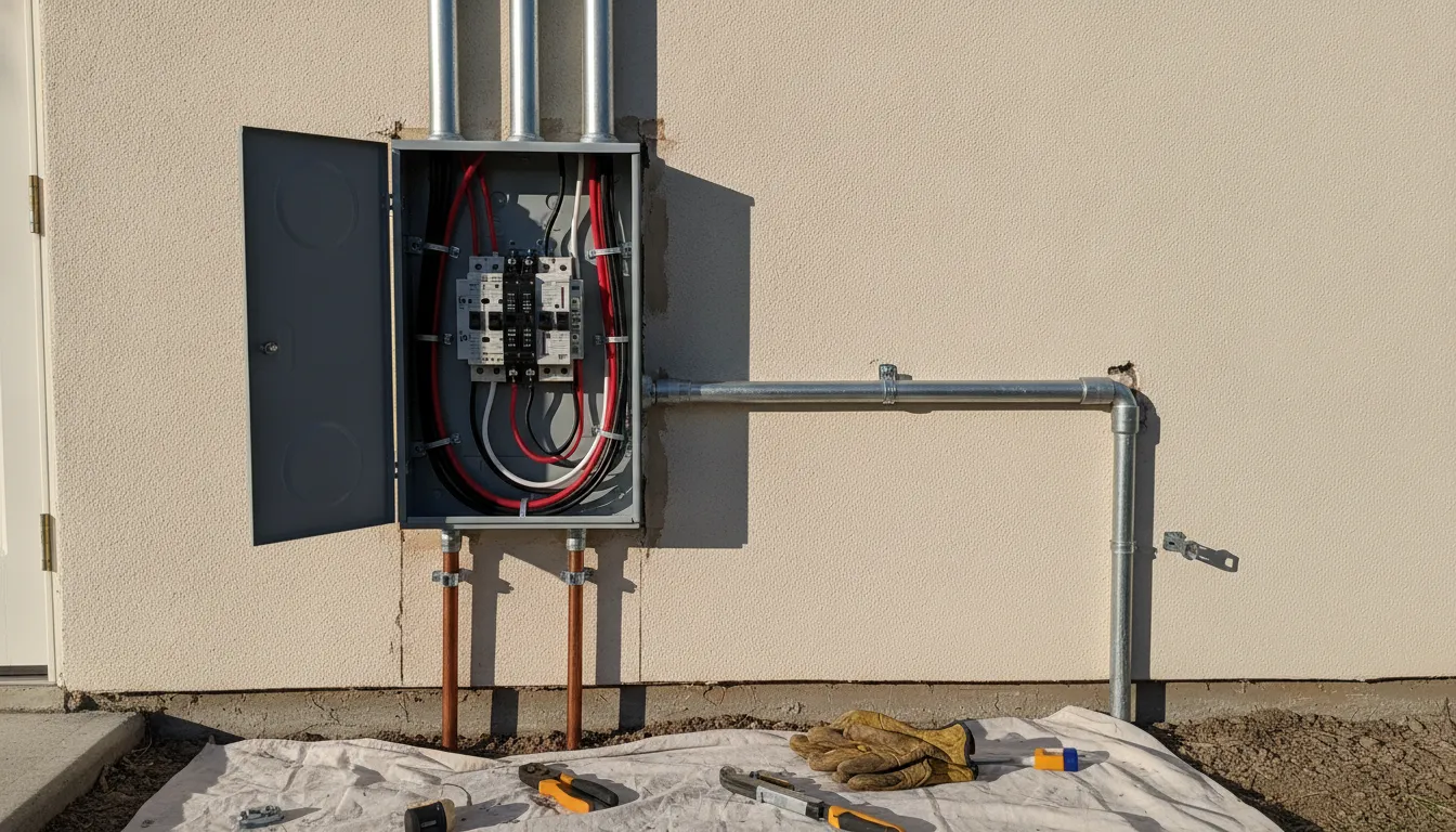 A newly upgraded 200 amp electrical service panel installed on a residential home in Los Angeles