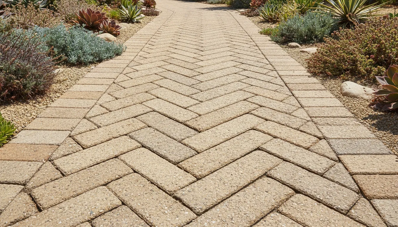 Herringbone concrete garden paver walkway pattern in a Southern California yard