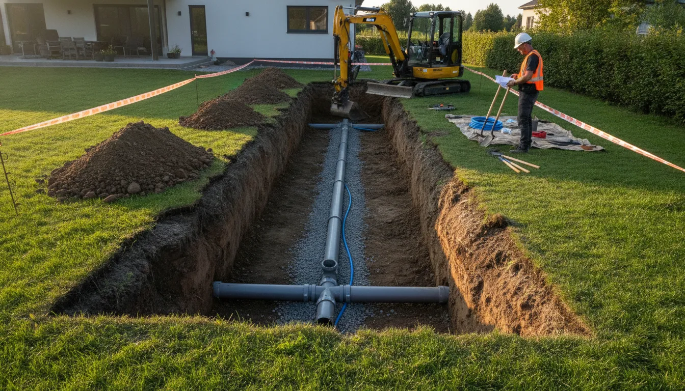 Underground trench dug for plumbing and sewer lateral connections in a Los Angeles backyard ADU project