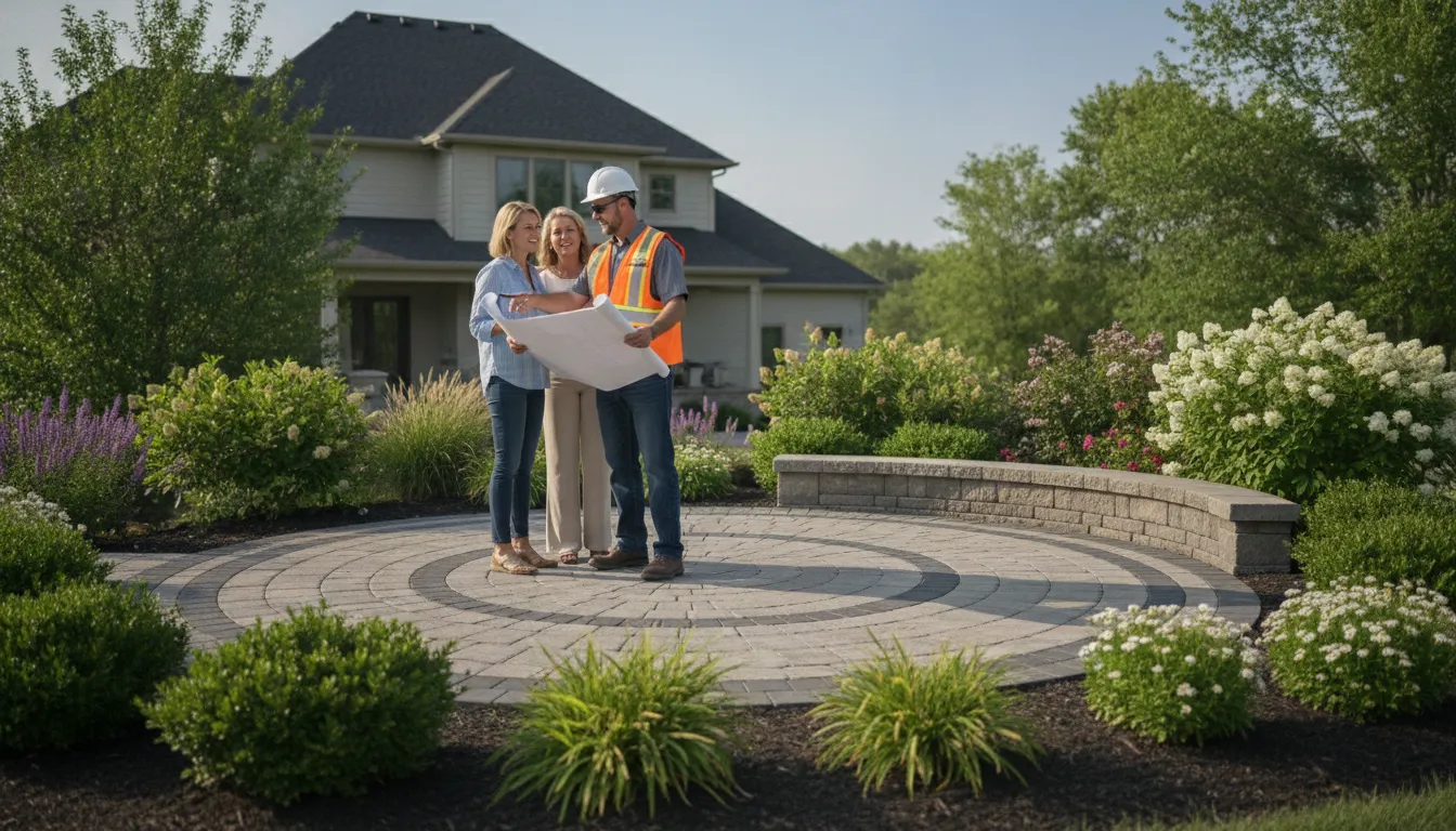 Contractor coordinating a completed paver patio and surrounding landscape