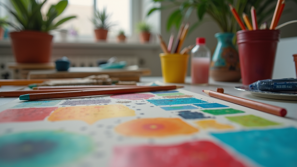 Eye-level view of a colorful art supplies arrangement