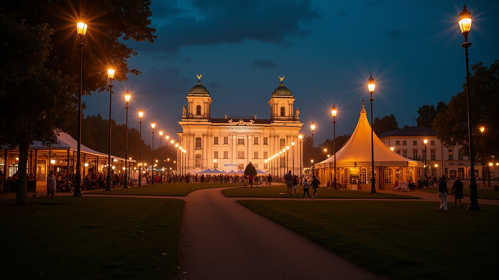 Weitwinkelaufnahme eines festlich beleuchteten Veranstaltungsortes in Berlin bei Nacht