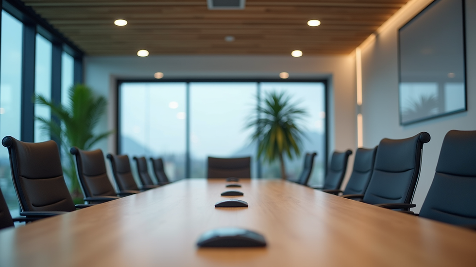 Nahaufnahme eines Konferenztisches mit moderner Technik und Notizmaterial