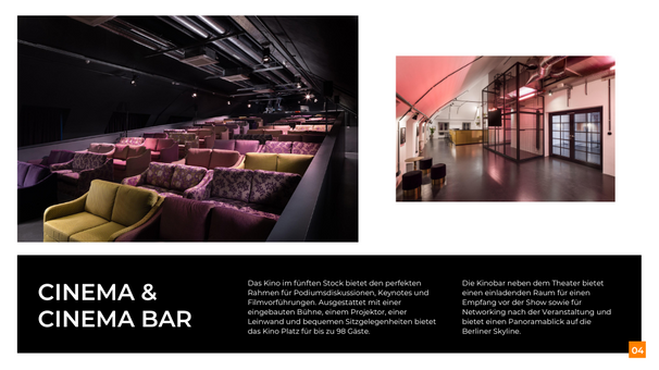 Moderne Bar mit Blick über Berlin, direkt am Kino gelegen – für bis zu 50 Gäste.