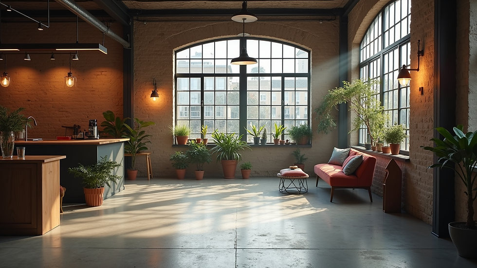 Nahaufnahme eines stilvoll dekorierten Eventlofts mit industriellem Charme