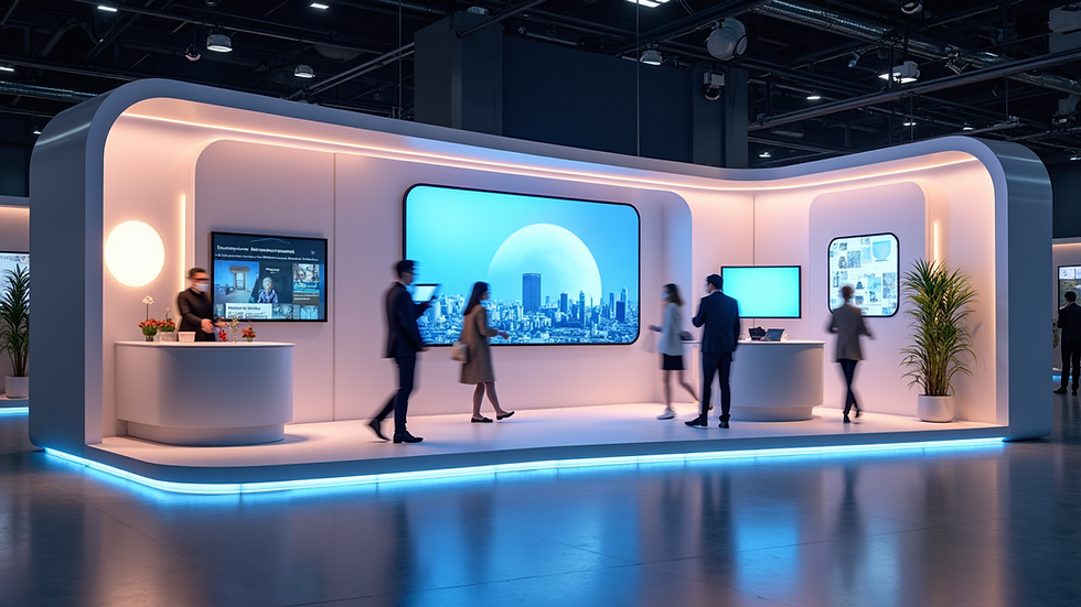 Eye-level view of a modern pop-up event booth with interactive displays