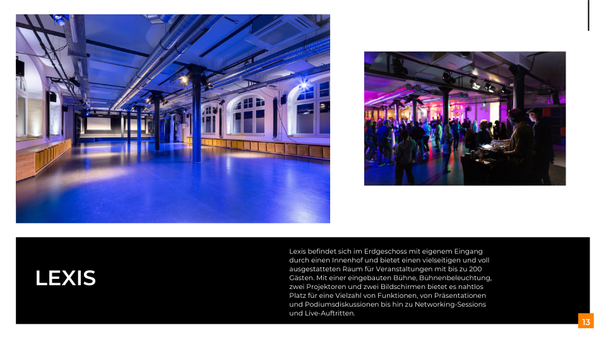 Eventfläche im Erdgeschoss mit Bühne, zwei Projektoren und 250 Stehplätzen, geeignet für Business-Formate.