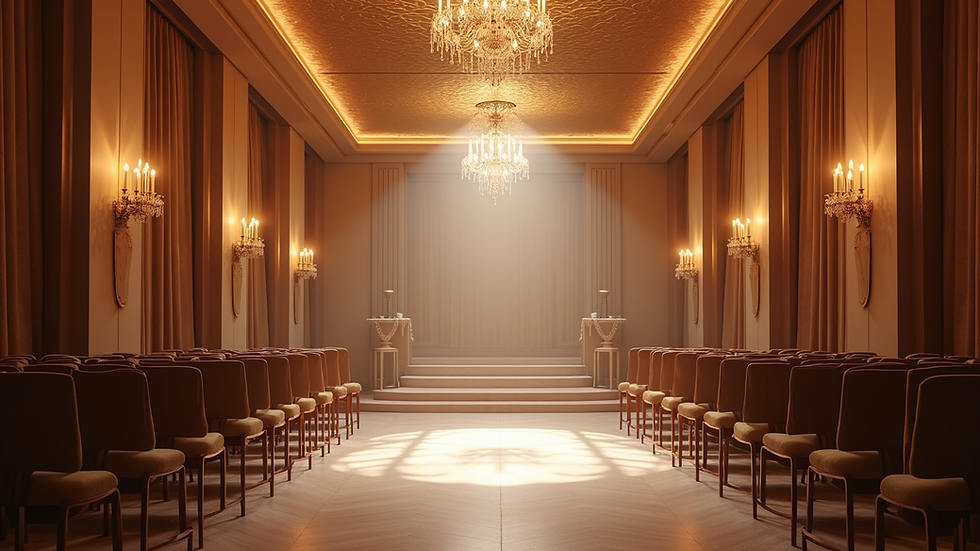 Eye-level view of elegant event hall with modern lighting