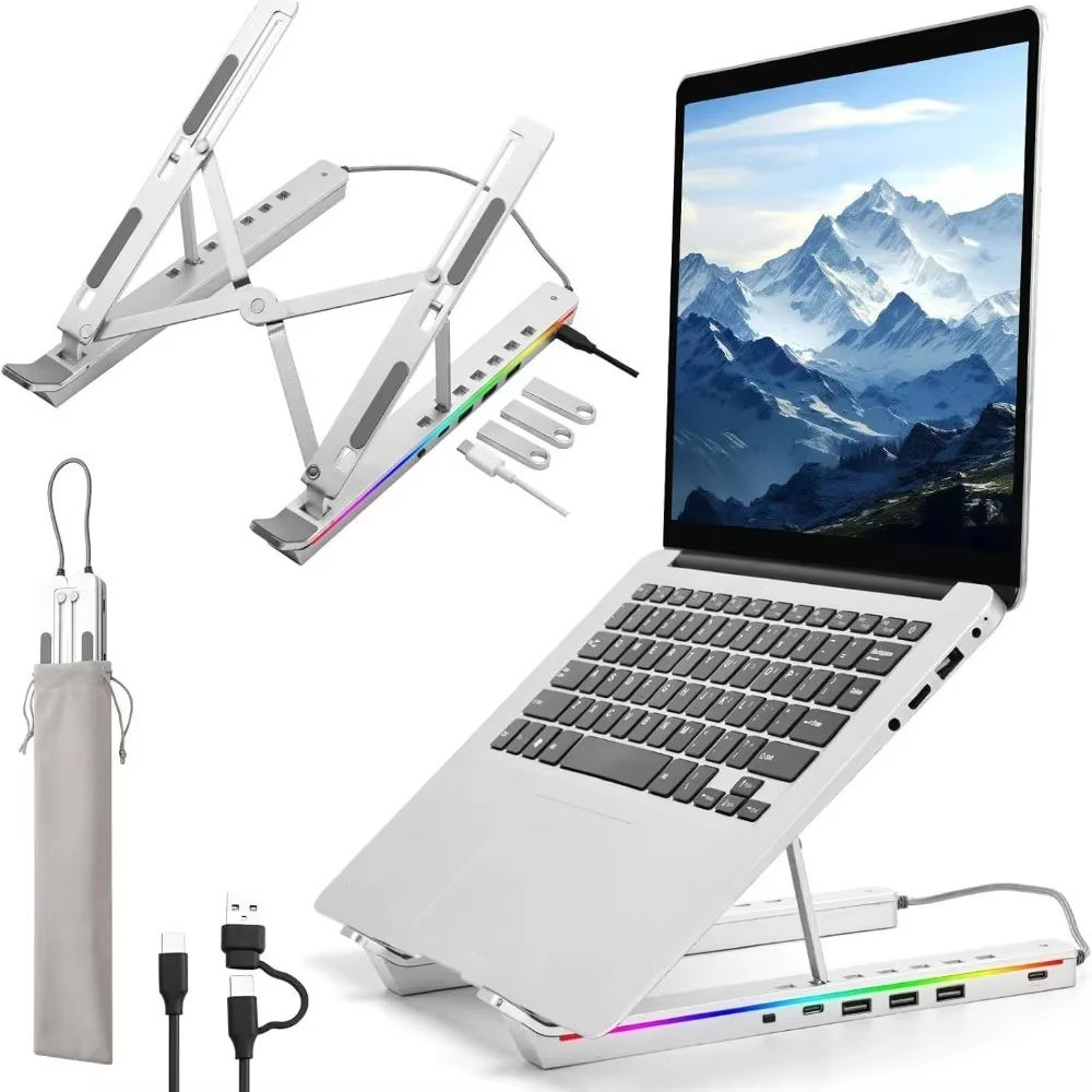 Suporte Dobrável para Notebook 4 em 1 com Hub USB e RGB