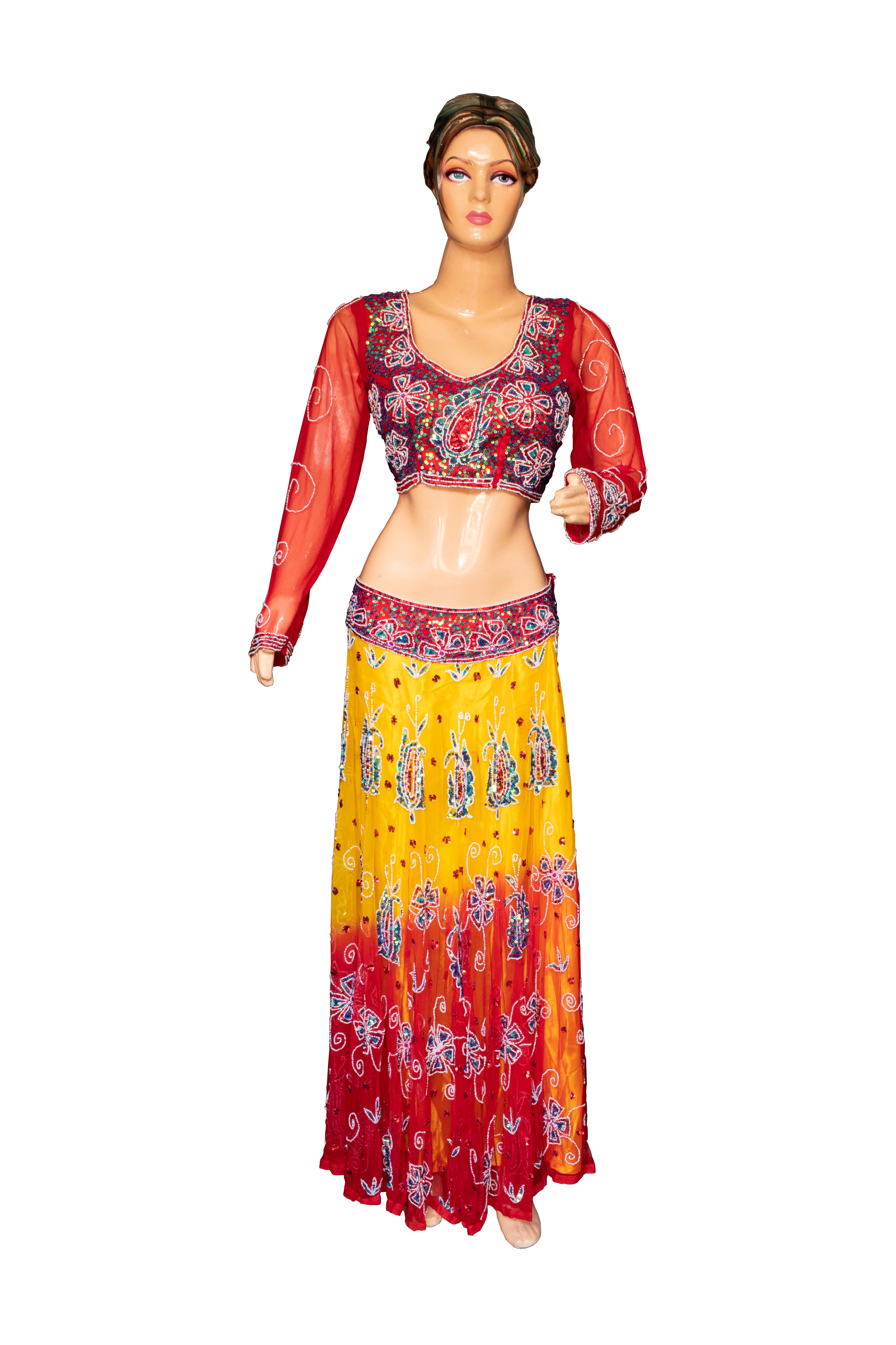 Full view of a double shades Lehenga Choli with intricate sequins and beads work, designed by Rose Fashion House Delhi.