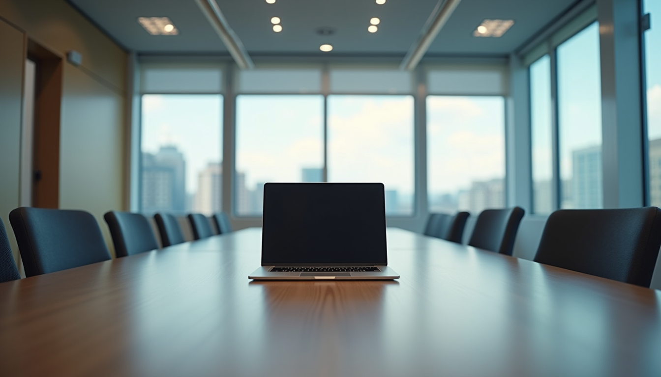 Eye-level view of a modern office meeting room with a laptop and notes on AI ethics