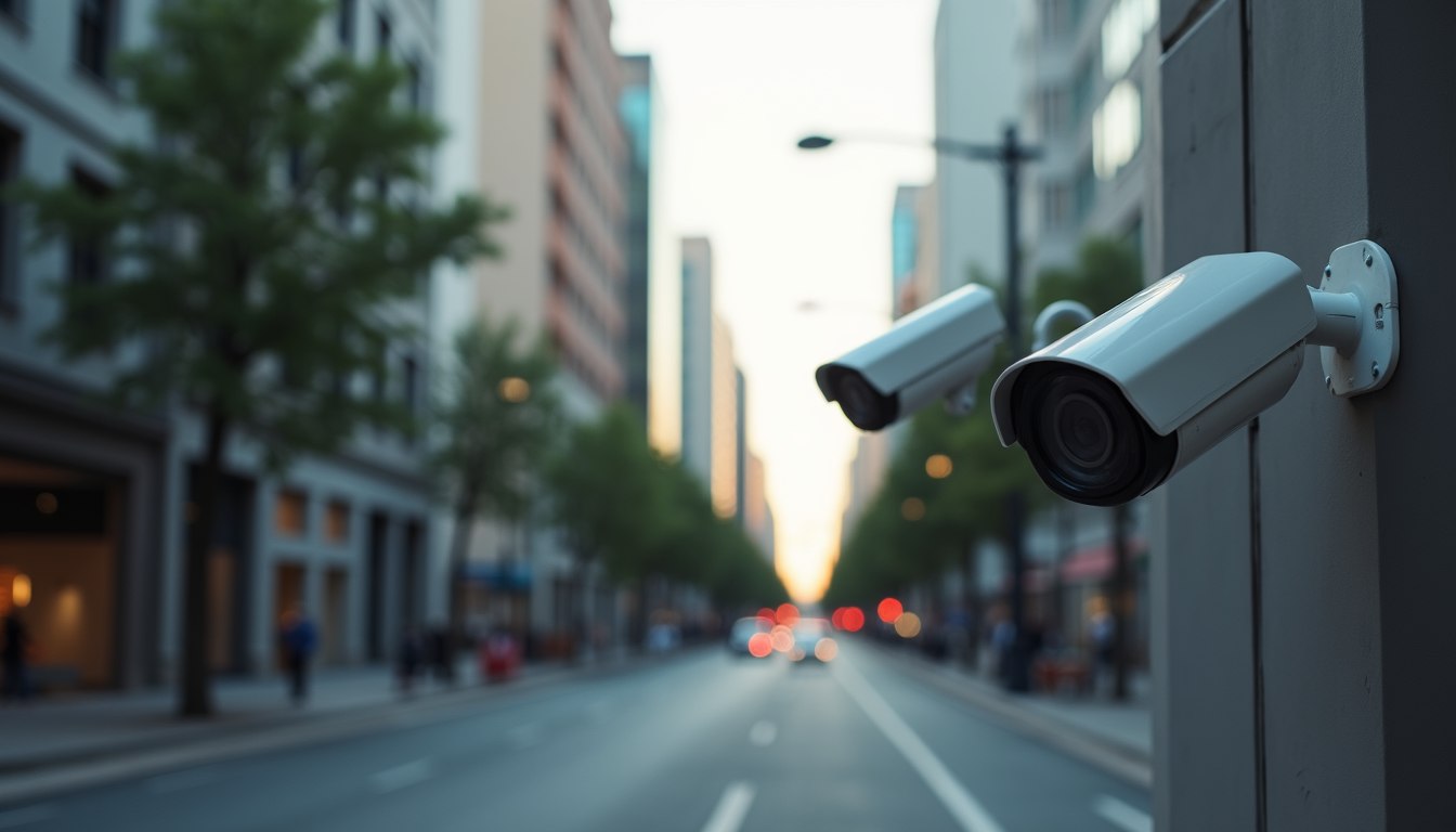 Eye-level view of an empty urban street with surveillance cameras