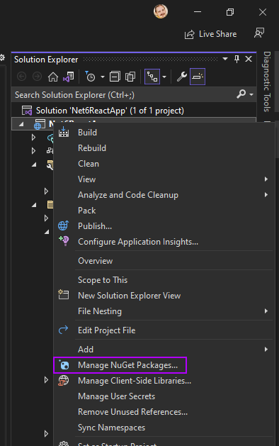 Context menu in Solution Explorer, highlighting Manage NuGet Packages
