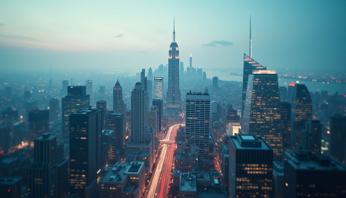 High angle view of a cityscape with AI data visualization overlays