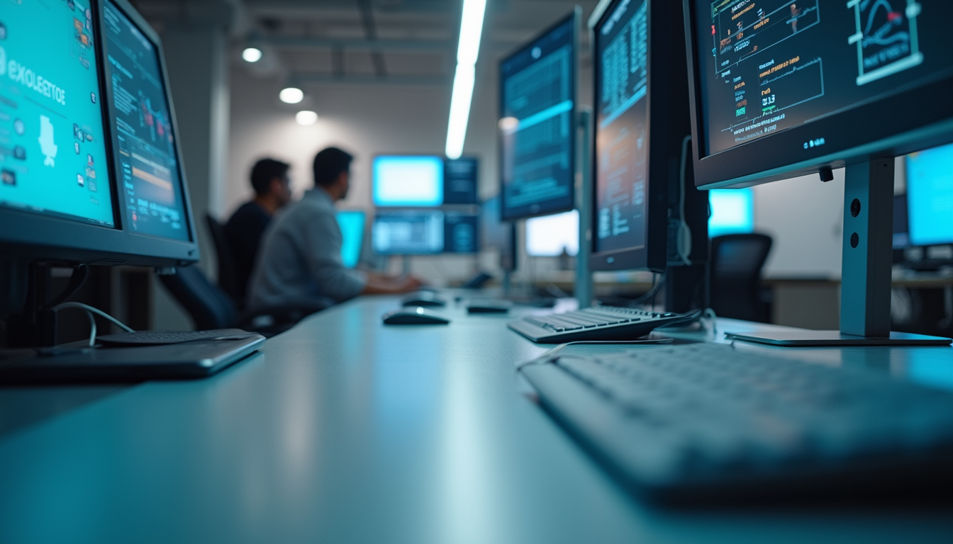 Eye-level view of a modern office workspace with AI technology devices
