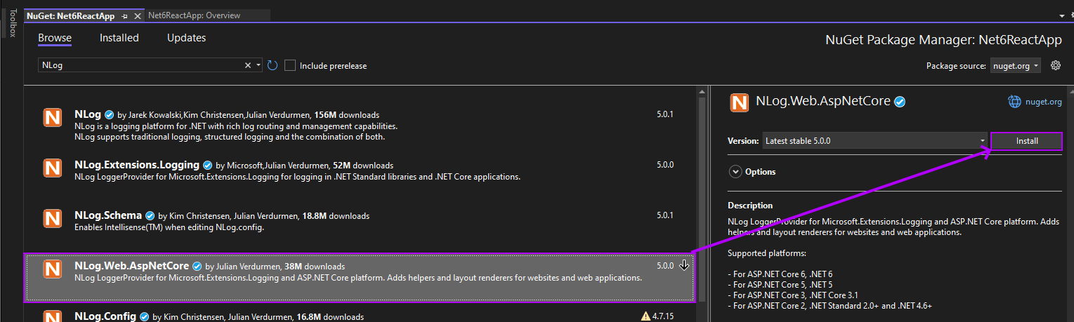 Screenshot of Installing NLog.Web.AspNetCore using NuGet Package Manager