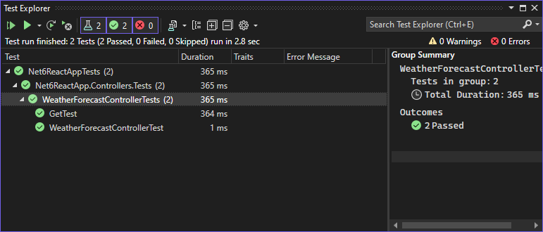 Screenshot of Test Explorer showing tests passed.