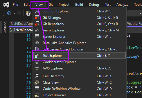 Screenshot of how to Navigate to Test Explorer