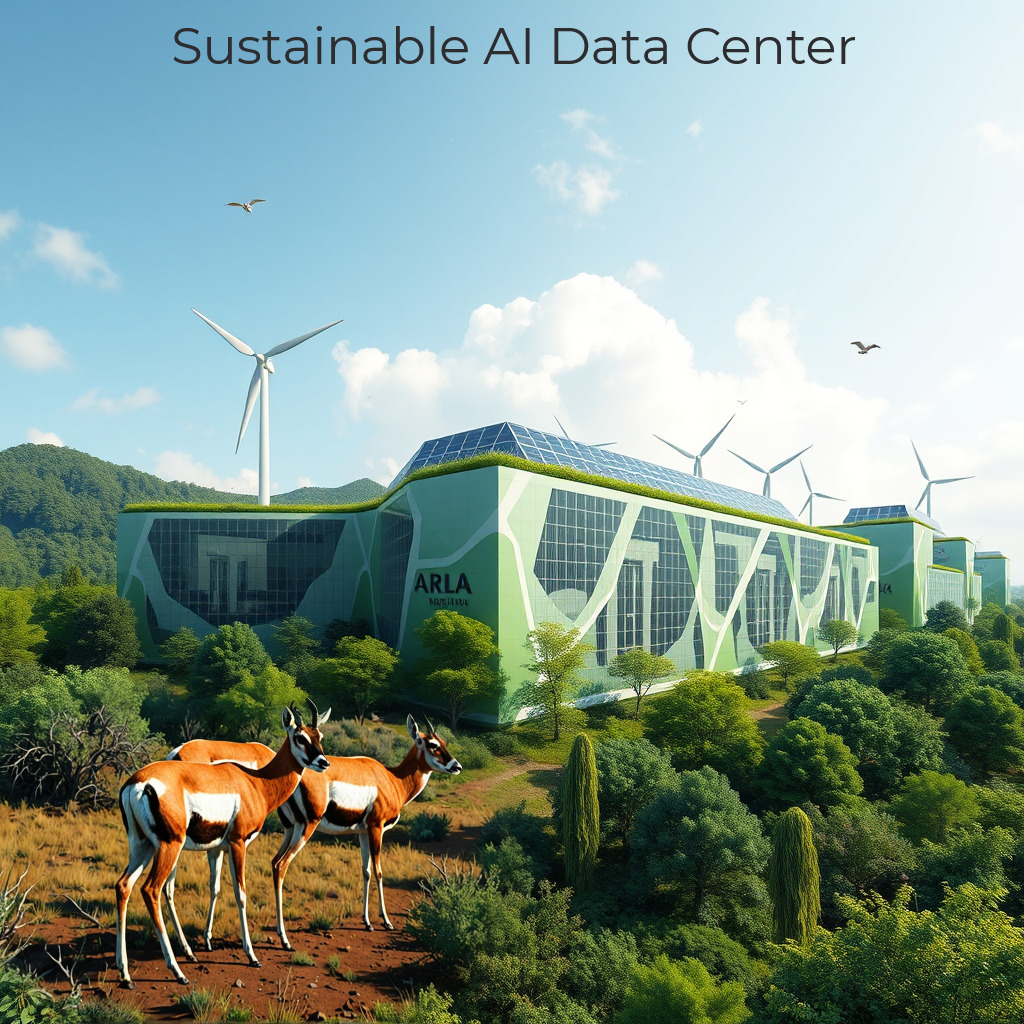 A sustainable AI data center, using solar and wind energy, in a healthy, minimally disturbed ecosystem.